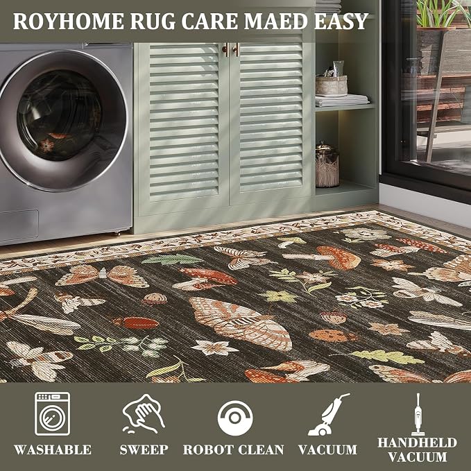 Mushroom Insect 5ft Round Rug Washable Non-Slip Soft Ultra-Thin Small Boho - Image 9