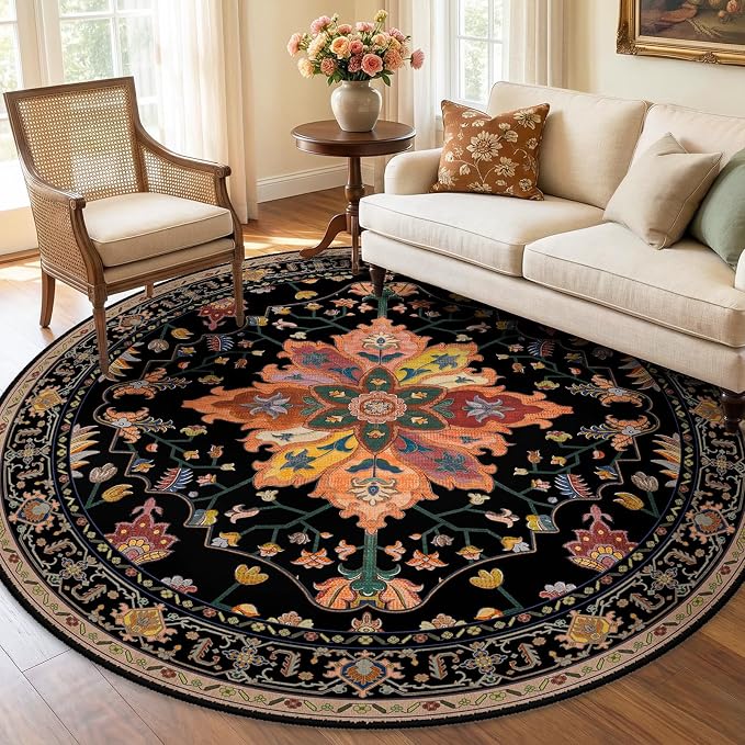 RELEANY Area Rugs Round 7ft Washable Non-Slip, Floral Vintage Distress - Image 2