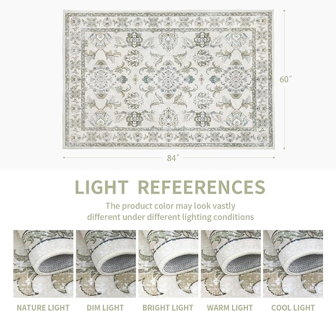 5x7 Washable Area Rugs Beige and Sage Green Vintage Boho Floral Farmhouse Rug - Image 2