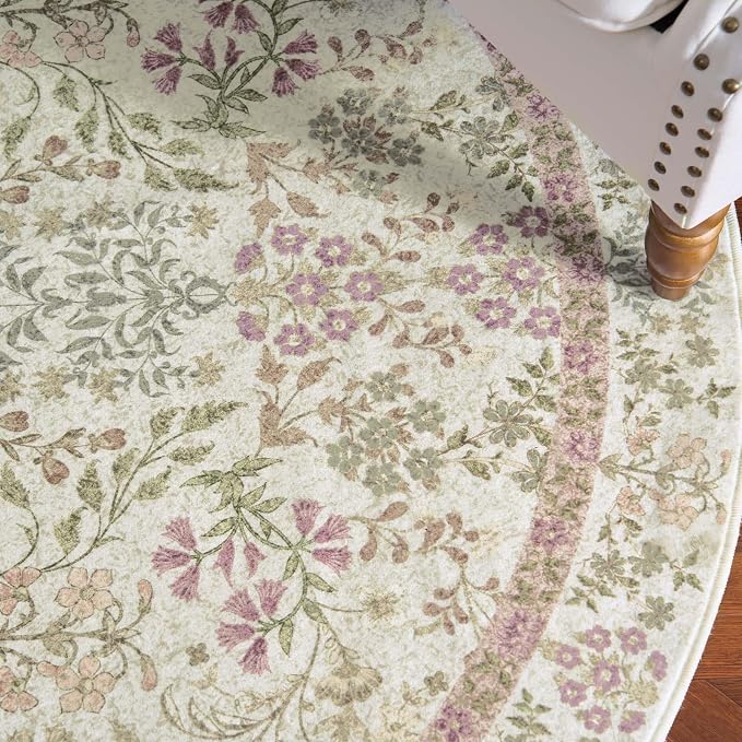 jinchan Zenith Round Rug 7ft Area Rug Soft 7'Round Vintage Floral Rug Non-Slip - Image 9
