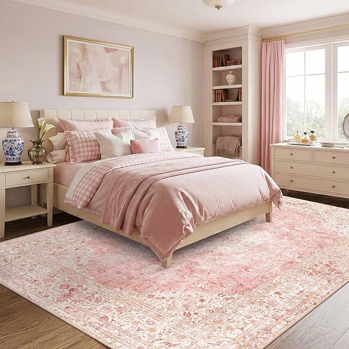 Latte&Fog Pink Area Rugs 8x10, Vintage Cute Large Washeble Rugs by LatteFog