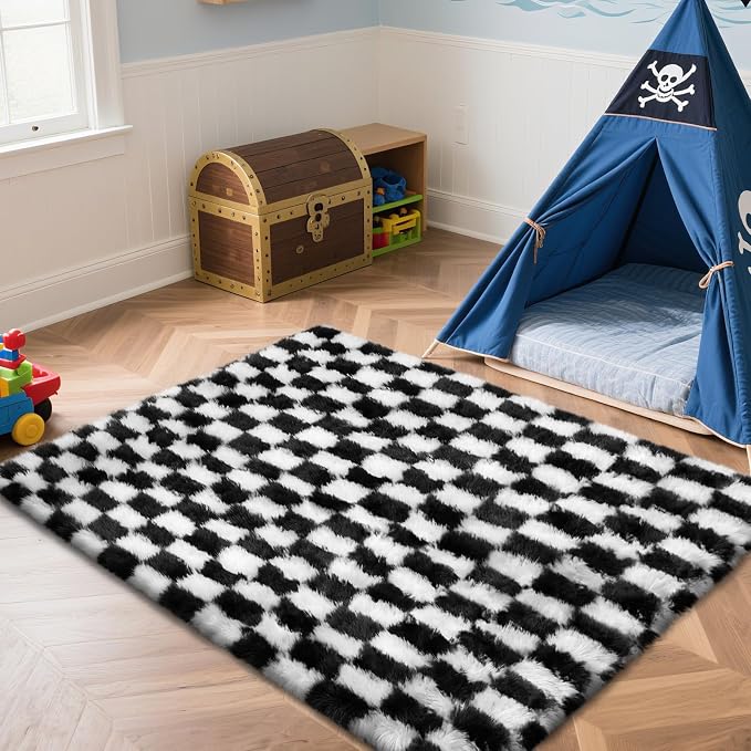 Checkered Rug for Bedroom, 4x6 Black and White Area Rugs, Classic Checkered - Image 3