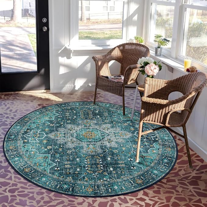 Moynesa Ultra-Thin Washable Round Rug - 6ft Teal Large Living Room Circle Area - Image 7