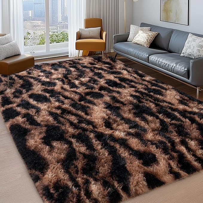Shag Rugs for Living Room 5x7, Ultra Soft Tie-Dyed Brown Leopard Big Fuzzy Rugs - Image 3