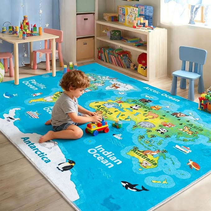 Kids Playroom Rug, 4x5ft World Map Play Mat - Image 6