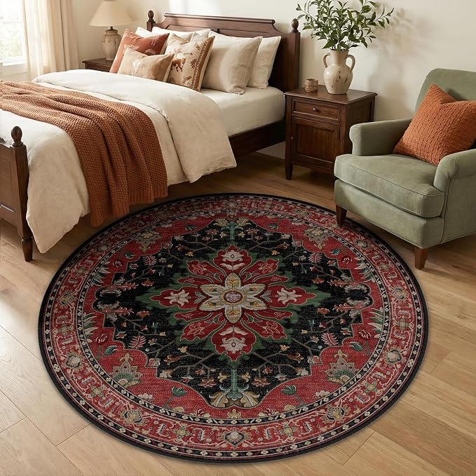 RELEANY Area Rugs Round 5ft Washable Non-Slip, Floral Vintage Distress by RELEANY