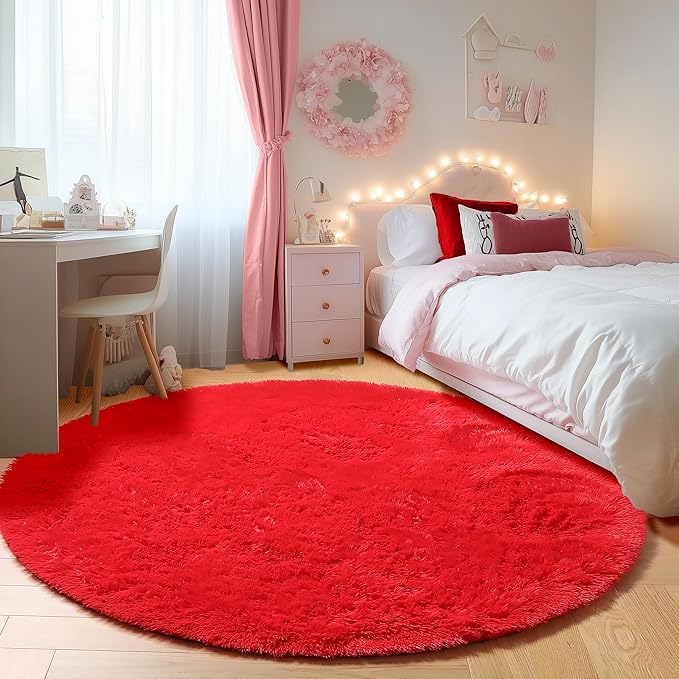 ONASAR Red Round Rugs 5ft for Bedroom Living Room, Fluffy Circle Area Rug for by ONASAR