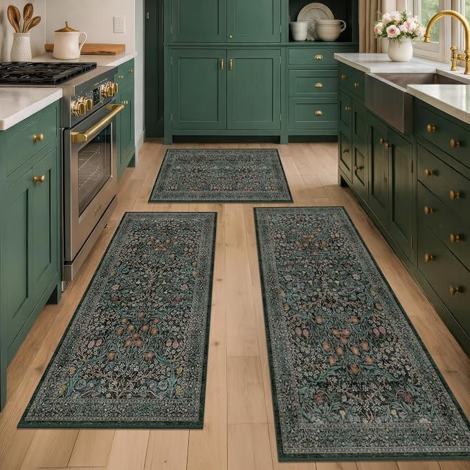 Black Green Kitchen Rug Set of 3, Washable Non-Slip Mats by JTJ