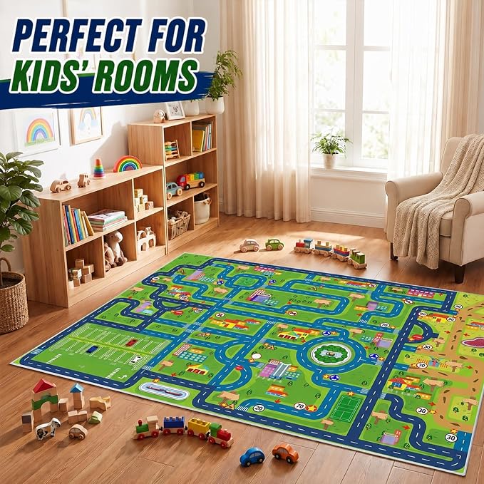 yongjoy Car Rug Road Map Area Rug, Colorful Car-Themed Design, Soft Low-Pile - Image 6