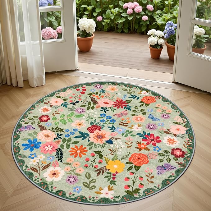 Round Area Rug for Living Room: 4 ft Floral Washable Circle Rug Soft Boho - Image 2