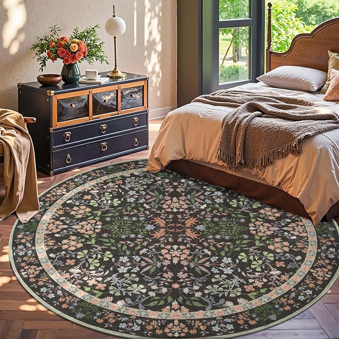 jinchan Zenith Round Rug 7ft Area Rug Soft 7'Round Vintage Floral Rug Non-Slip - Image 3