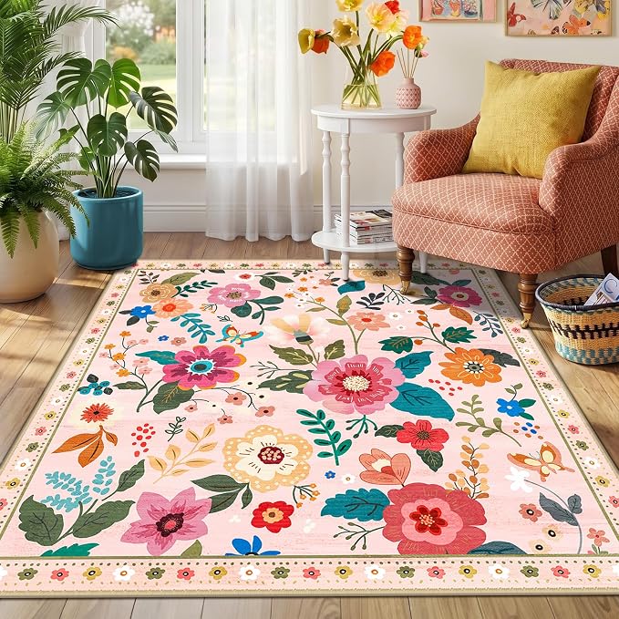 RELEANY Floral Square 5ft Area Rugs Washable Print Boho Cute Carpet Non Slip - Image 7