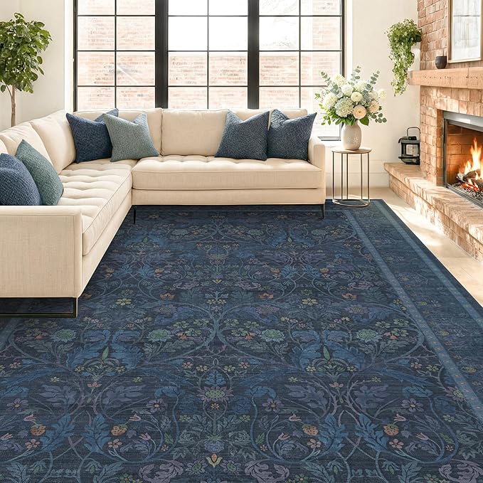 9x12 Vintage Big Floor Rugs for Living Room, Machine Washable Soft Dark Blue by Evyhood