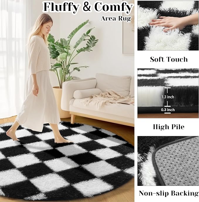 KICMOR Round Rugs 7ft Black and White Circle Area Rug, Fluffy Soft Large Fuzzy - Image 2