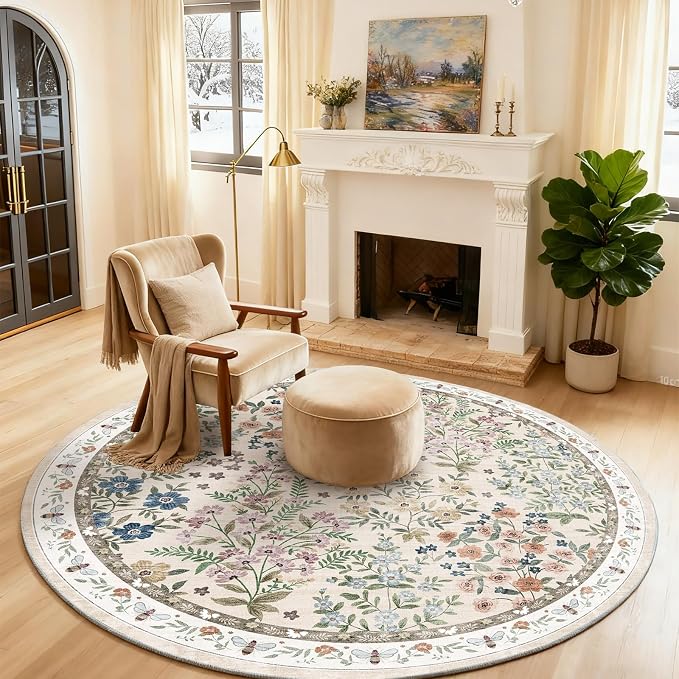 Washable Round Rugs for Bedroom 4ft: Living Room Rug Stain Resistant Non Slip by palohom