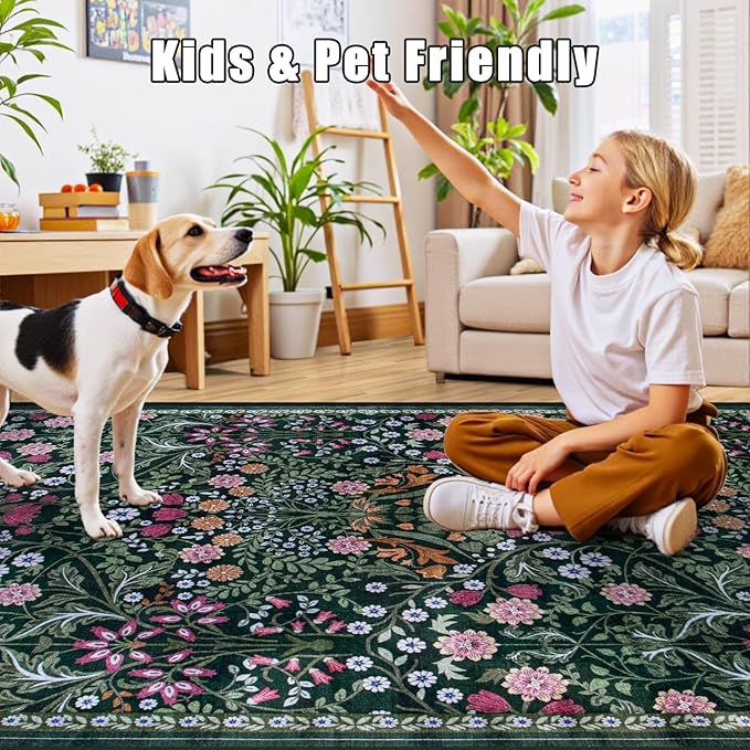 Area Rug Living Room Rugs: Floral 5x7 Washable Rug Vintage Soft Boho Non-Slip - Image 8