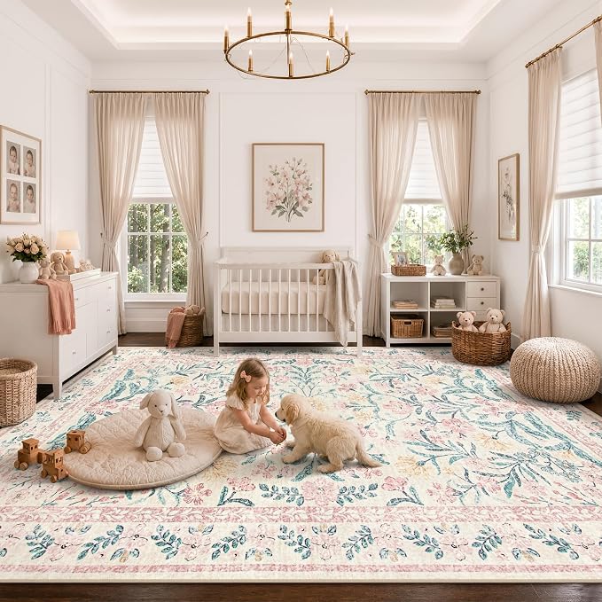 Wonnitar Machine Washable 10x14 Area Rugs, Large Living Room Rug Floral Pink - Image 3