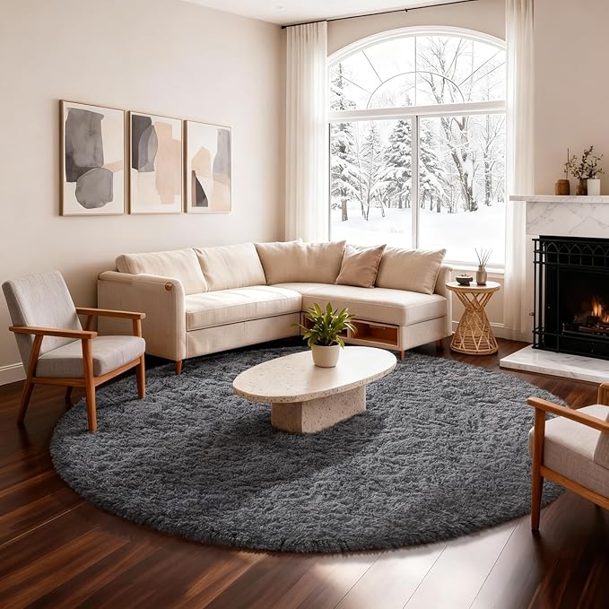 Ophanie Round Rug 6Ft Grey Circle Area Rugs, Fluffy Fuzzy Large Bedroom Carpet by Ophanie