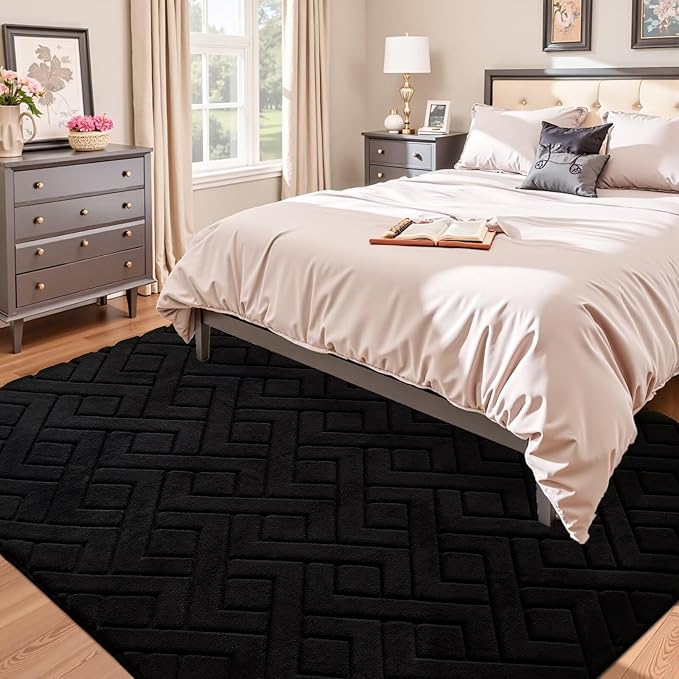 5x7 Black Washable Area Rug for Bedroom Living Room, Modern Geometric Shag - Image 2