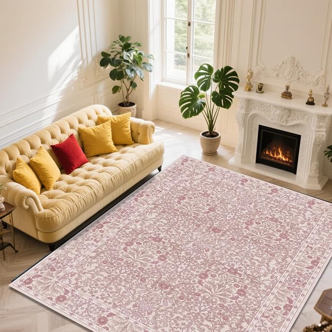 Vintage Pink Living Room Rug, 8x10 Washable Area Rugs - Image 2