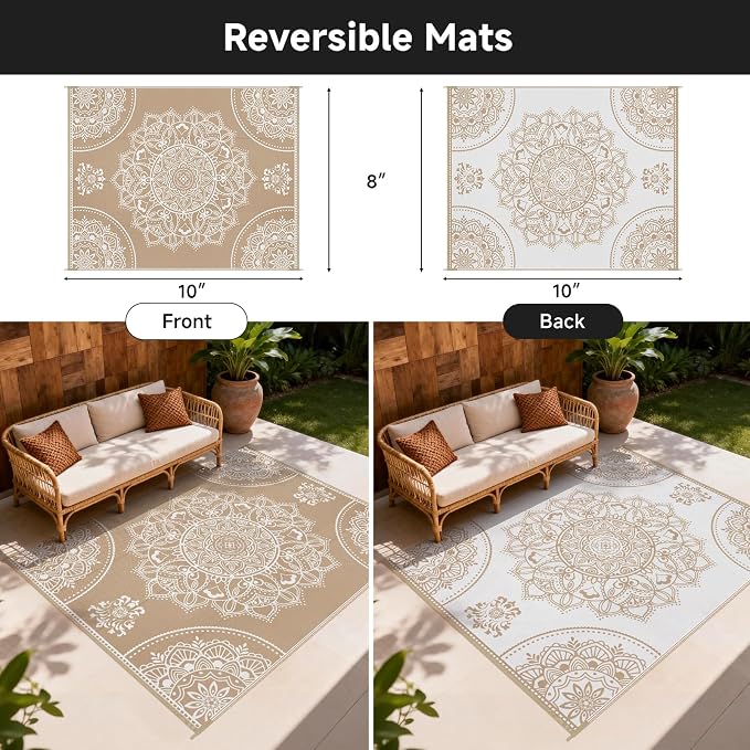 Pauwer Waterproof Outdoor Rug 8x10, Reversible Plastic Straw Patio Camping Rug - Image 2