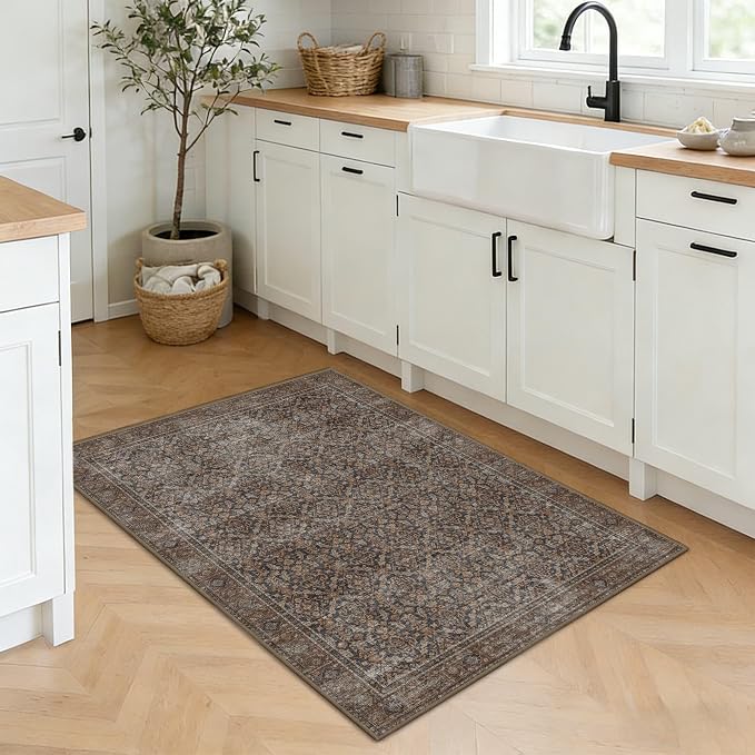 Latte&Fog 2x3 Entryway Rug, Small Vintage Brown Door Mat, Washable Kitchen Rug - Image 2