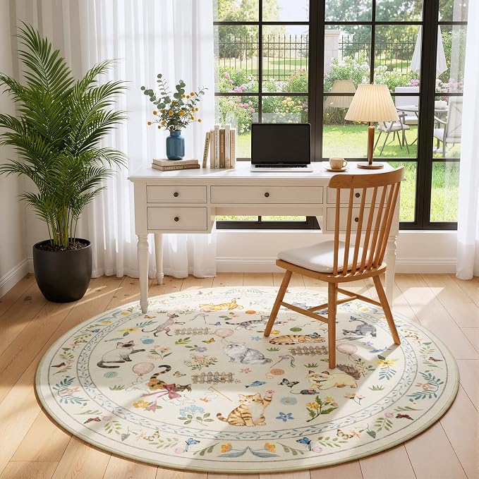 Unirea 4x4 Beige Cat Round Area Rugs, Washable Soft Non Slip Circle Rug - Image 8