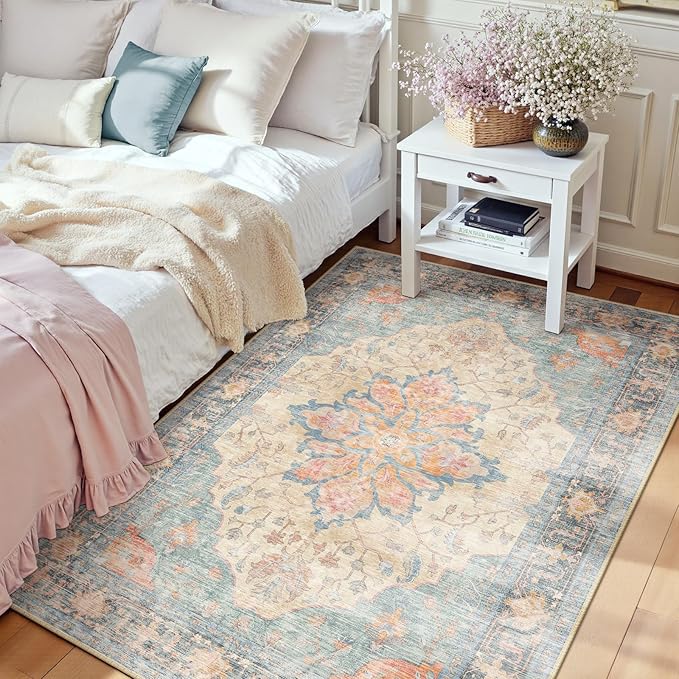 RELEANY Area Rugs 3'x5' Washable Non-Slip, Floral Vintage Distress Medallion by RELEANY