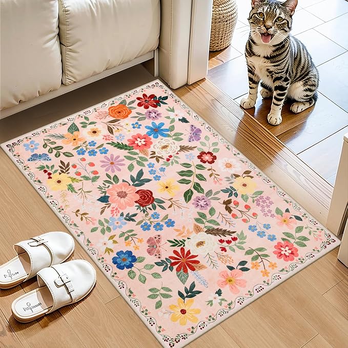 Entryway Rug 2X3 Small Rugs: Floral Washable Door Mat Vintage Soft Low Pile - Image 2