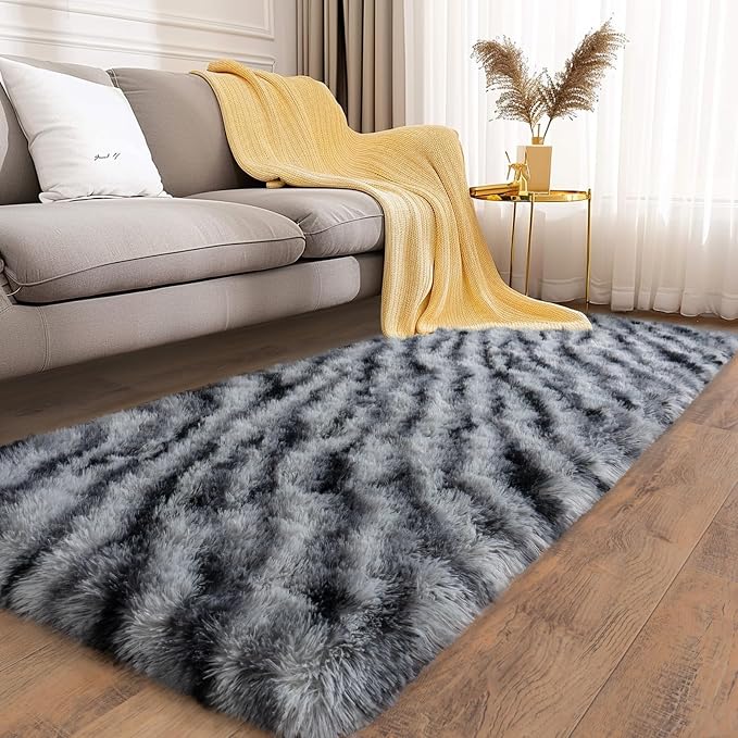 Soft Runner Rugs for Bedroom Hallways, 2x4 Black and White Fluffy Shag Throw - Image 5