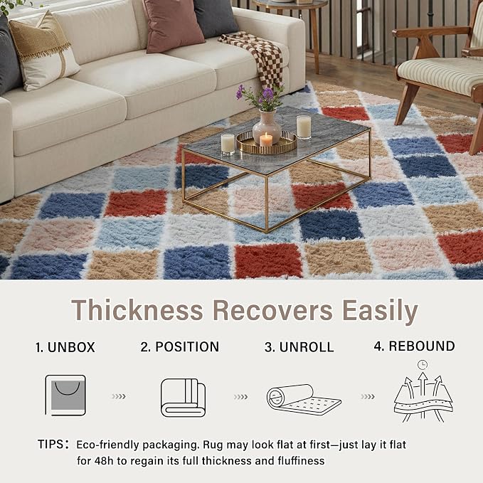 PureCozy 6x9 Checkered Rug for Living Room Rainbow Modern Soft Area Rug Fluffy - Image 5