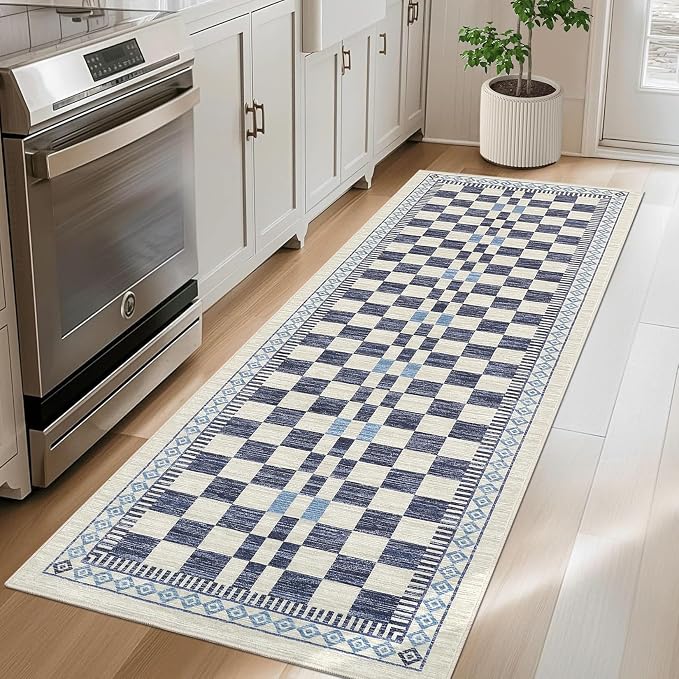 GarveeHome Runner Rug 2x10 for Kitchen Blue Contemporary Checkered Long Rug for - Image 7
