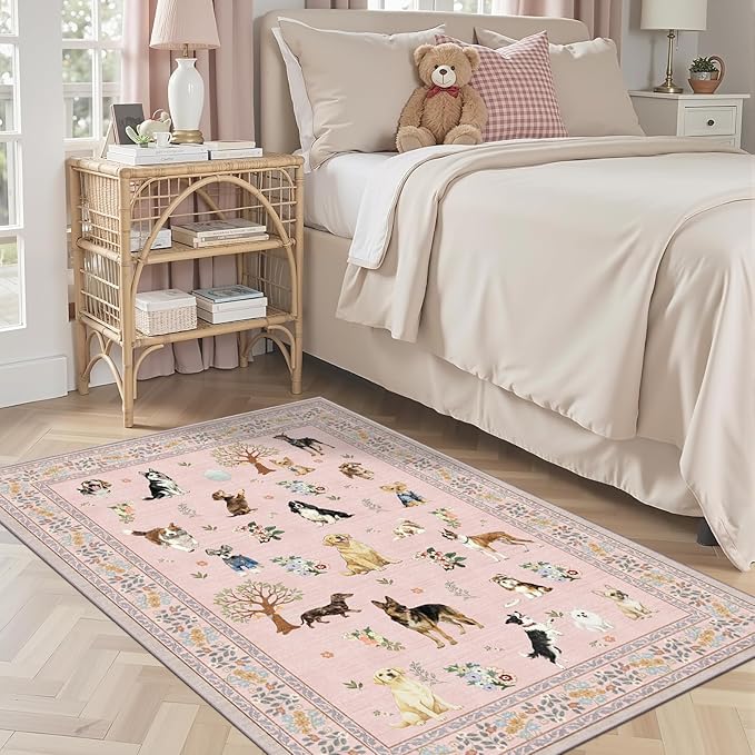 Floral Dog Machine Washable Rug Pink, 3x5 Rug Non Slip Soft Bedroom Rugs by WelcometoBabovid