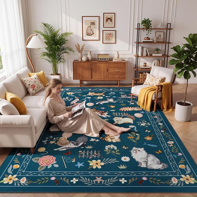 Unirea 5x7 Dark Blue Cat Area Rug by UNIREA