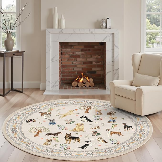 Beige 4Ft Round Area Rugs for Bedroom, Non-Slip Stain Resistant Round Kitchen by WelcometoBabovid