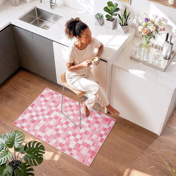 Terrug Pink Checkered Rug for Entryway, 2x3 Small Area Rugs Washable - Image 2