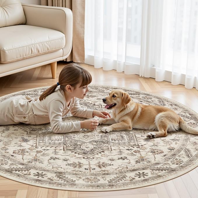 5ft Round Vintage Living Room Area Rug - Image 7