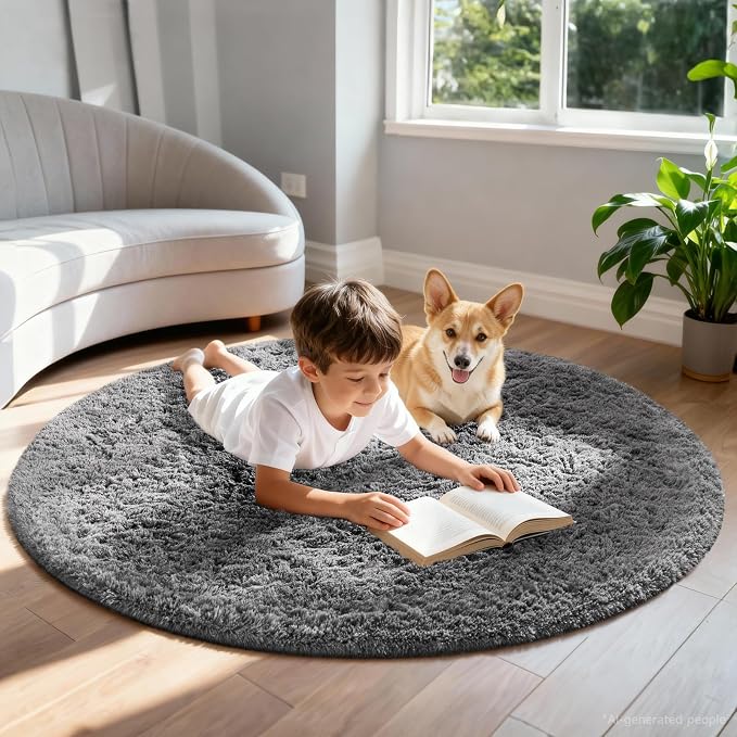 Ophanie Round Rug 5Ft Grey Circle Area Rugs, Fluffy Fuzzy Bedroom Carpet 5 Foot - Image 3