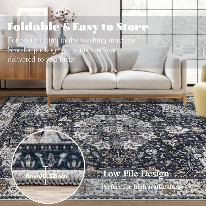 Area Rug 6x9 Washable Rug, Vintage Boho Medallion Rugs Non-Slip Soft Low Pile - Image 6