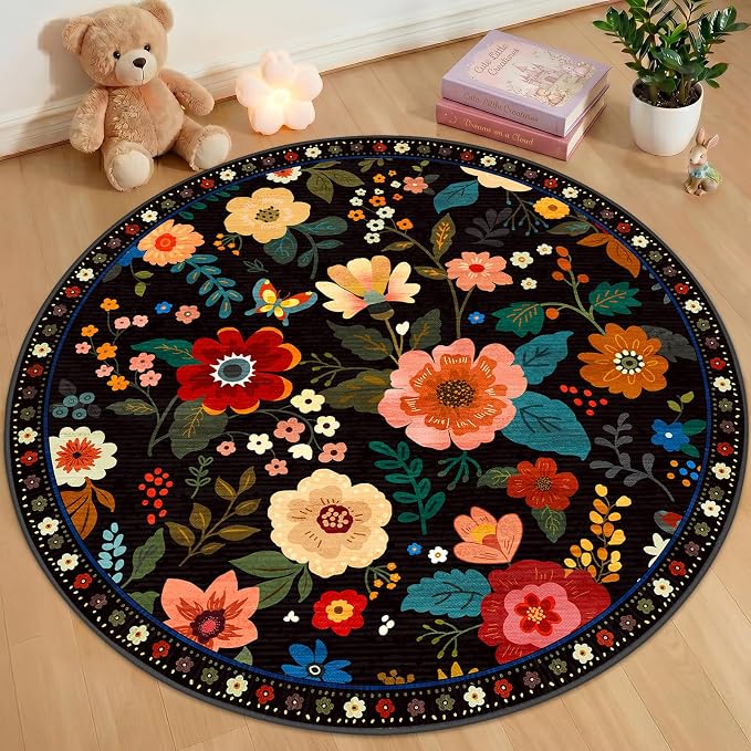 RELEANY Floral 4ft Area Rugs Washable Print Boho Cute Carpet Non Slip Flower by RELEANY