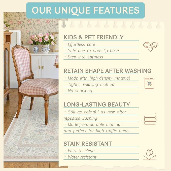 Light Pink 6x9 Girl Bedroom Rug Low Pile & Soft, Botanical Floral Washable - Image 7