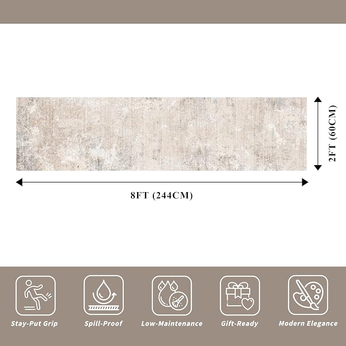 2x8 Washable Hallway Runner Rug – Non-Slip Modern Abstract Neutral Low-Pile - Image 2
