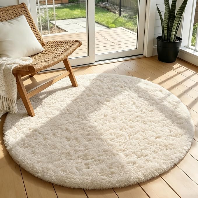 Ophanie Round Rugs 3Ft Ivory Circle Area Rug Washable, Nursery Bedroom Carpet by Ophanie