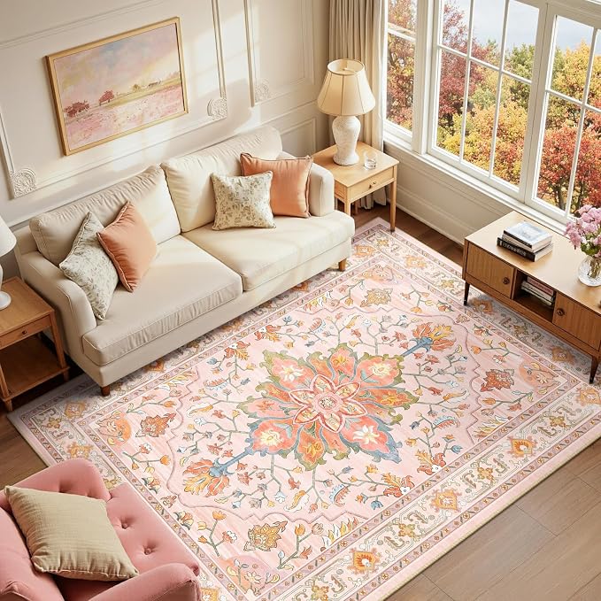 RELEANY Area Rugs 6'x9' Washable Non-Slip, Floral Vintage Distress Medallion by RELEANY