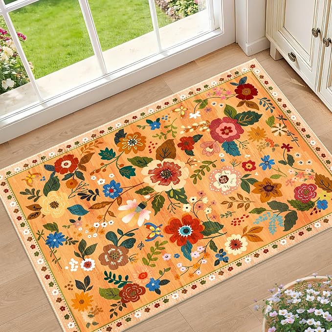 RELEANY Floral 2x3 Area Rugs Washable Print Boho Cute Carpet Non Slip Flower by RELEANY