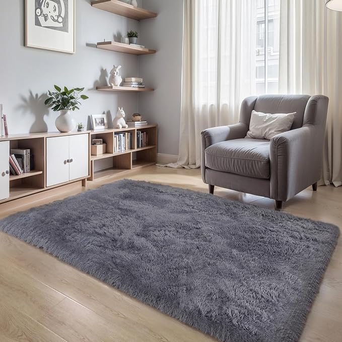 KICHOWUA Thick Area Rug Grey Fluffy Shag 3x5 by KICHOWUA
