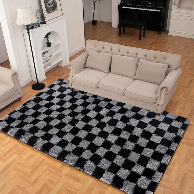 Super Soft Rug for Bedroom, 4x6 Ft Grey and Black Area Rug Classic Checkered - Image 2