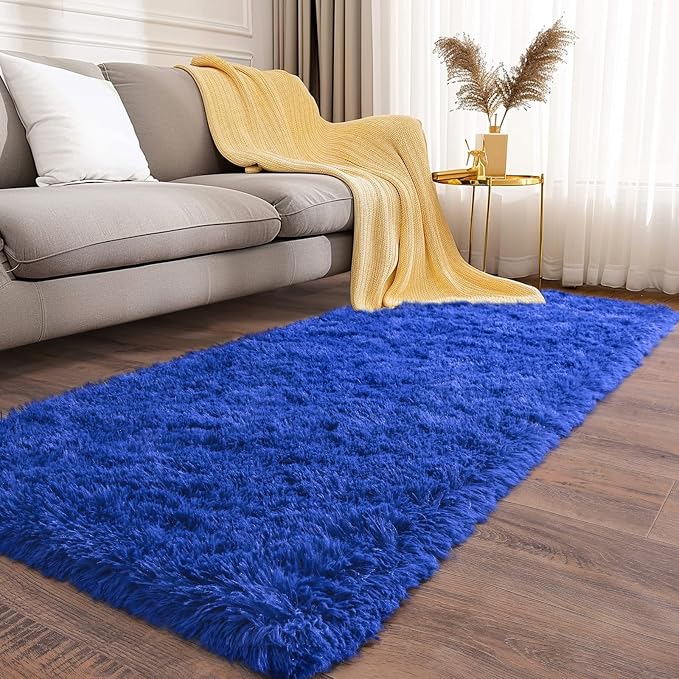 Soft Runner Rugs for Bedroom Hallways, 2x6 Royal Blue Fluffy Shag Throw Area - Image 2