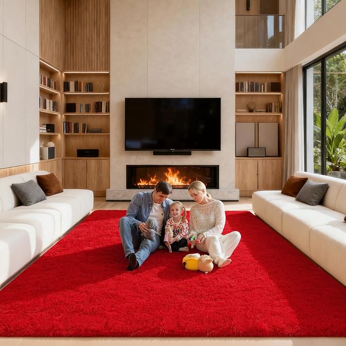 Area Rugs 9x12 Living Room, Large Fluffy Red Rugs by Unknown