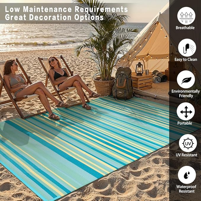Outdoor Plastic Straw Rug Waterproof Patio 8x10 Teal Yellow Stripe Mat - Image 4